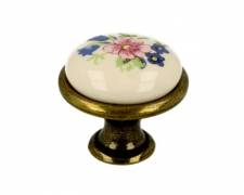 chytka knobka  ATM FLORENCE / patina mosadz porceln kvet / priemer 28,1 mm