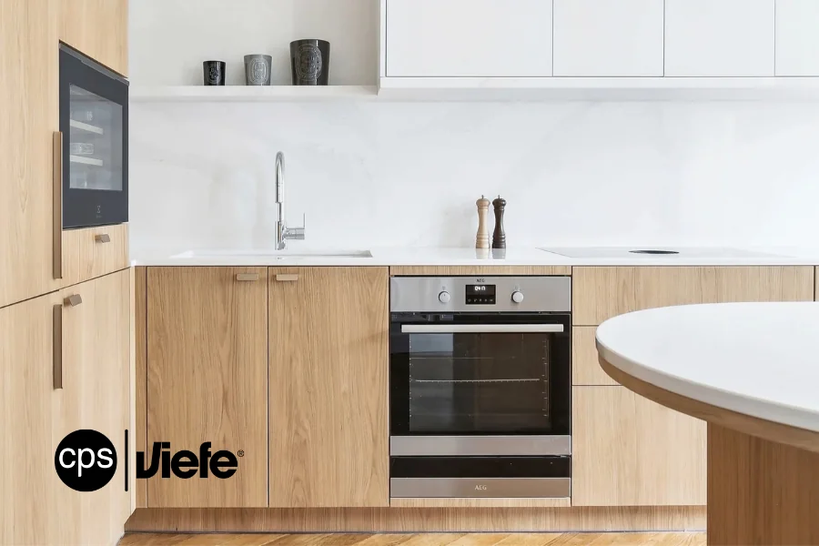 Realiz�cia modernej kuchyne s dreven�m dekorom a bielymi skrinkami vyu��vaj�ca dizajnov� �chytky Viefe pre dokonal� v�sledn� dojem.