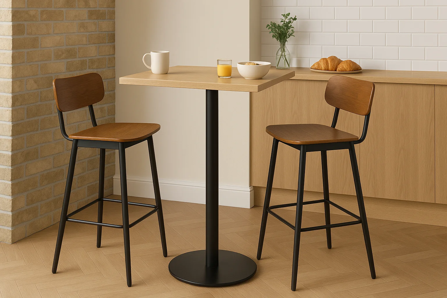 Kovov centrlna noha na stl v bistro interiri s barovmi stolikami