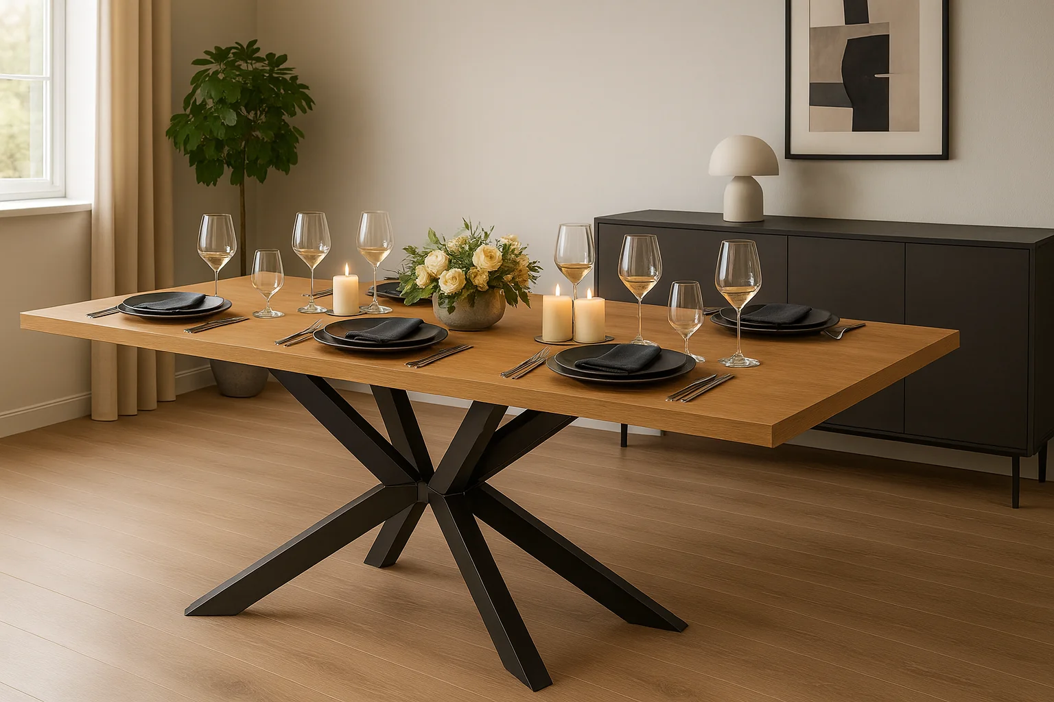 Stolové podnože v jedálni s elegantným dreveným stolom a dekoráciou