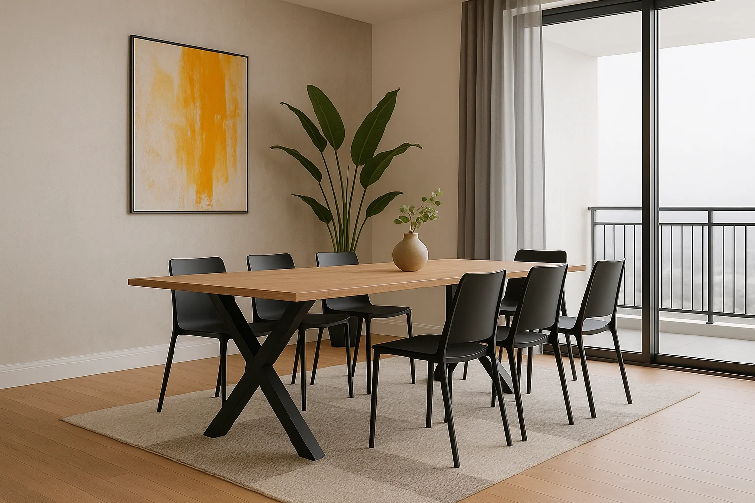 Dizajnové nohy na stôl v modernom interiéri s čiernymi stoličkami a minimalistickým štýlom