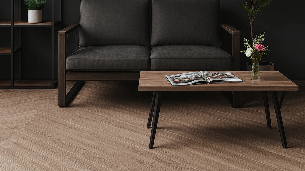 Modern interir s konferennm stolkom na kovovch nohch a tmavosivou sedakou.