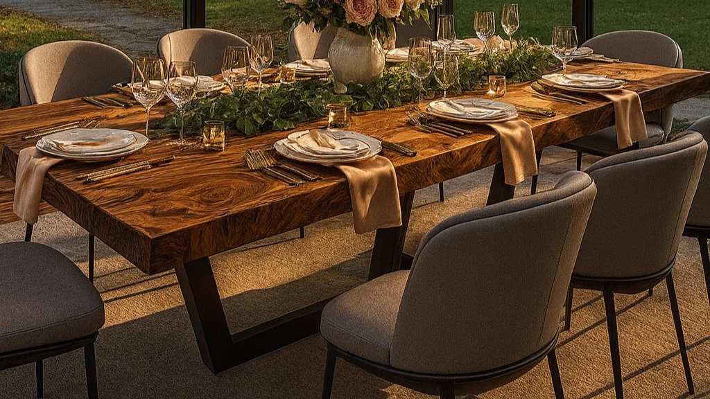 Jedálenský stôl s čiernymi kovovými nohami a drevenou doskou