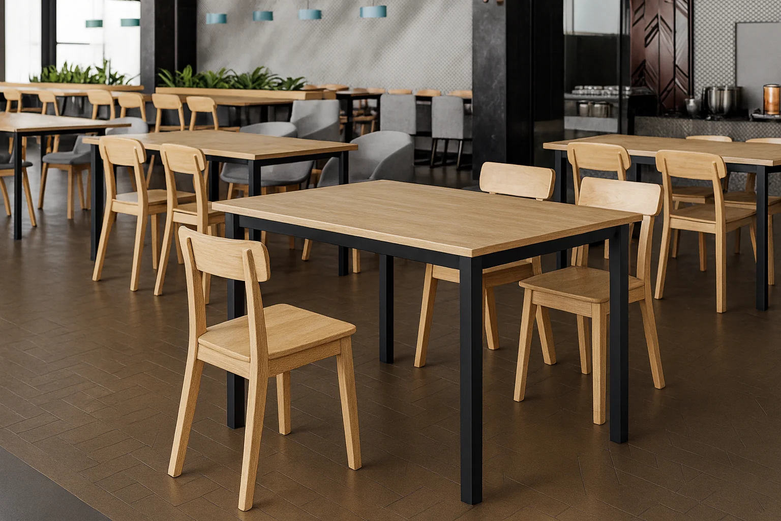 Stolov nohy s kovovou kontrukciou v priestrannej retaurcii s drevenm nbytkom