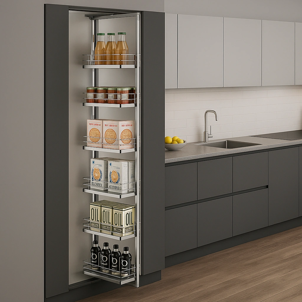 Svetl� modern� kuchy�a so vstavanou potravinovou skri�ou a v�suvn�m chr�move potravinov�m ko�om