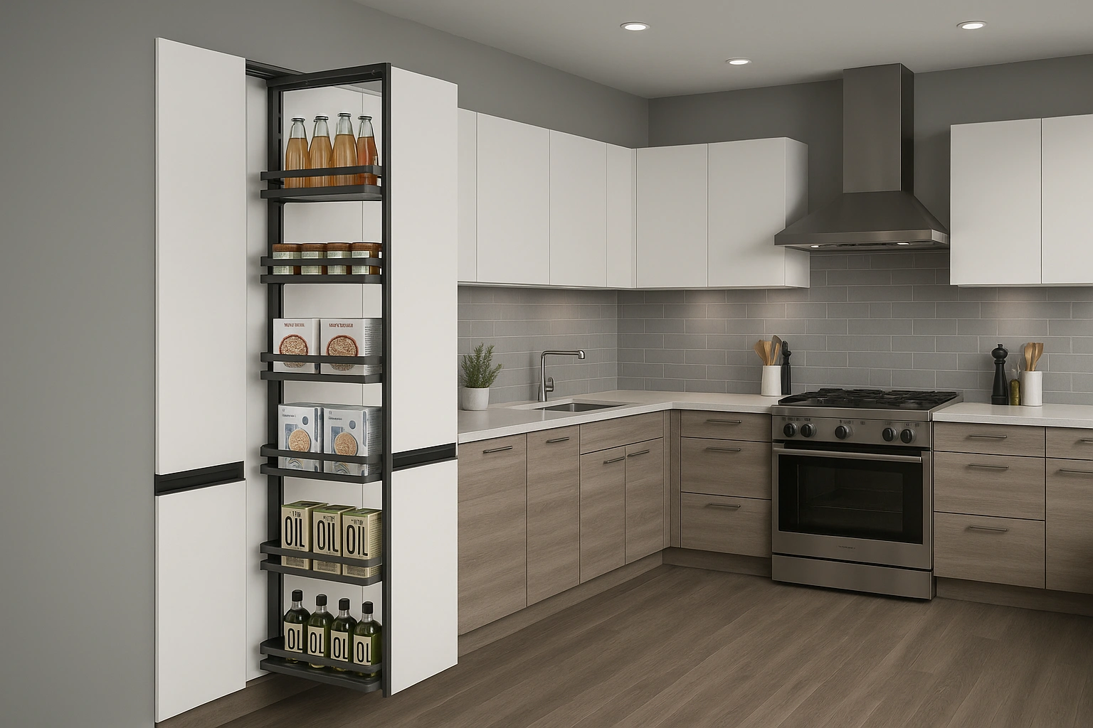 Modern� kuchy�a s vysokou potravinovou skri�ou a v�suvn�m potravinov�m ko�om pre �sporu priestoru