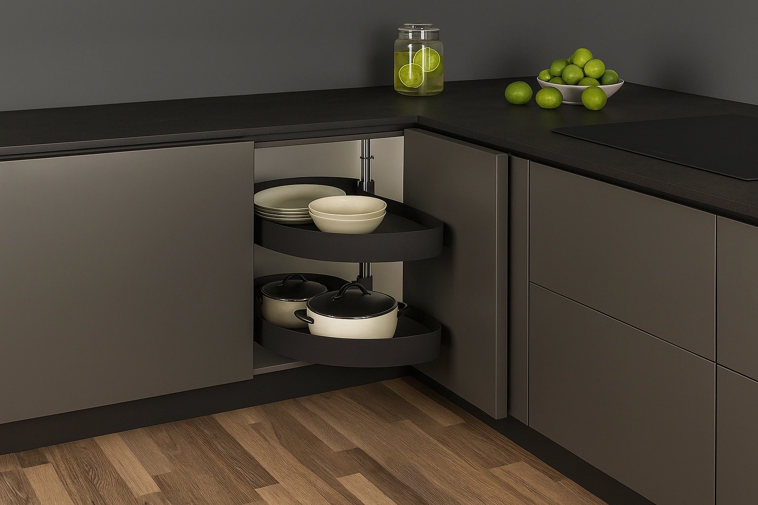 Kompaktný 1/2 rohový kôš do kuchyne – ideálne riešenie pre menšie skrinky s pohodlným prístupom k uloženým veciam