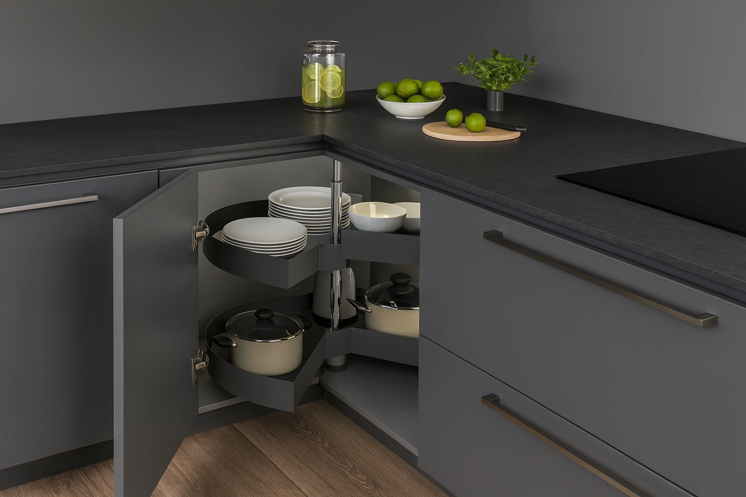 Moderná kuchyňa s rohovým 3/4 košom – otočný karuselový systém pre jednoduchý prístup k hrncom a panviciam