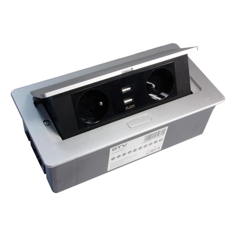 Výklopná zásuvka GTV SOFT / 2x zásuvka + 2x USB / strieborná matná / AE-PBSUC2GU-53